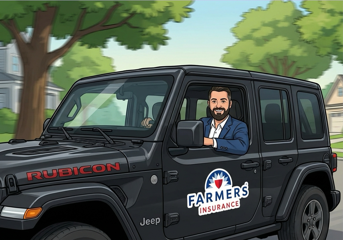 Brady Ingle in Jeep with Farmers Insurance